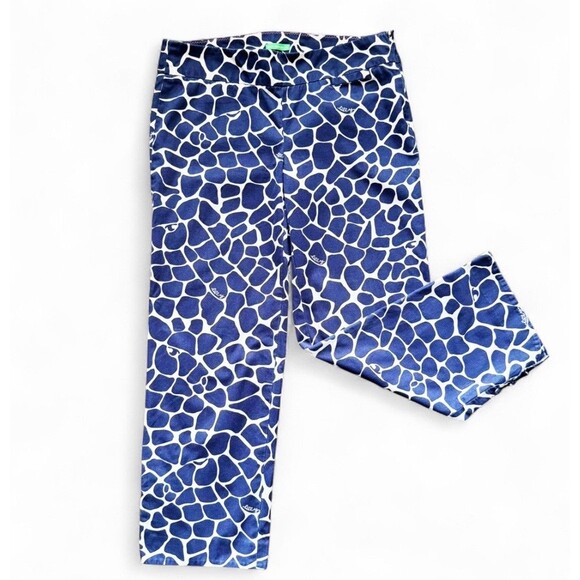🦒Lilly Pulitzer Giraffe Print Palm Beach Fit Cropped Pants Sz 4 Navy Cute Preppy - Picture 1 of 16